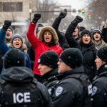 ICE Agent CHARGED — Minneapolis Prosecutor Slammed… A crowd of protesters facing law enforcement officers during a demonstration