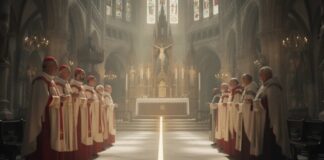 Clergy members in liturgical robes standing in a cathedral during a ceremony