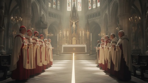 shutterstock_2744600367.jpg Clergy members in liturgical robes standing in a cathedral during a ceremony