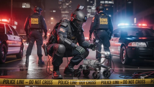 shutterstock_2756074571.jpg Bomb squad officer examining a robot in a police operation
