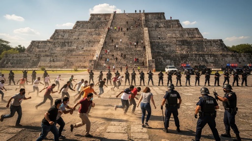 Crowd running in front of a pyramid with police in formation