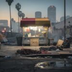 FRAUD: Ghost Hospices Operating From BURRITO STANDS…. A taco food cart in an urban setting surrounded by tents and graffiti