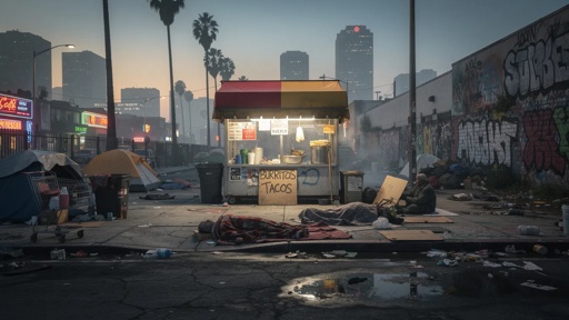 A taco food cart in an urban setting surrounded by tents and graffiti
