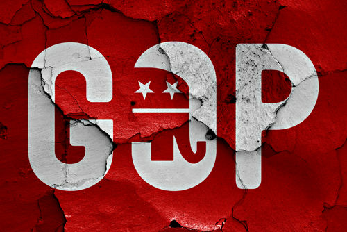 shutterstock371190080-1jpg GOP logo on cracked, distressed red background.