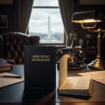 A desk with a black book titled 'Jeffrey Epstein's Little Black Book' and an open book, with a view of a historical landmark through the window