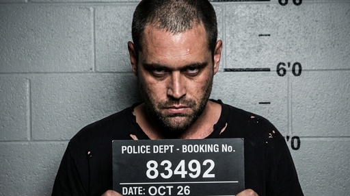 Use,The,Reference,Image,And,Put,The,Man,In,A A man posing for a police mugshot with a booking sign