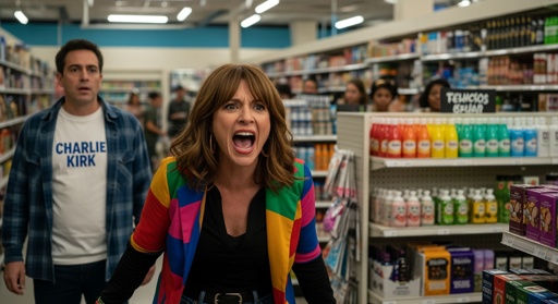 shutterstock_2715307041.jpg A woman in a colorful outfit yelling in a grocery store while a man looks on in surprise