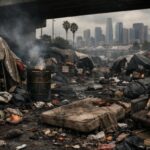 MUST SEE: Pratt’s HARDLINE Homeless Relocation Plan STUNS LA… A homeless encampment with tents and debris in the foreground, city skyline visible in the background