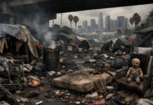 MUST SEE: Pratt’s HARDLINE Homeless Relocation Plan STUNS LA… A homeless encampment with tents and debris in the foreground, city skyline visible in the background