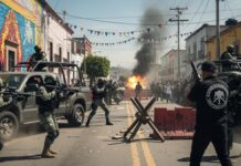 Cartel Chaos Triggers U.S. Consulate Crackdown… A chaotic urban scene with armed soldiers and an explosion in the background
