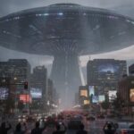 UFO Hype Hijacked For Border Crackdowns… A large UFO hovering over a city street with people looking up in awe