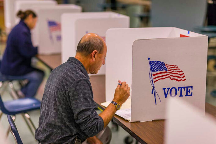 1046168680 Person voting in a polling booth.