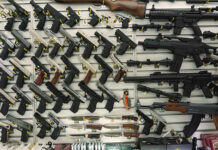 Gun Industry Dealt Major Court Blow Gun display wall with various pistols and rifles.