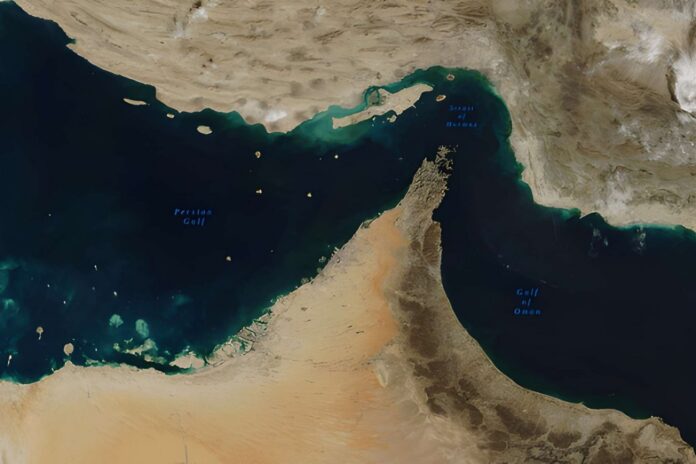 1457237357 Satellite view of the Strait of Hormuz and surrounding coastlines