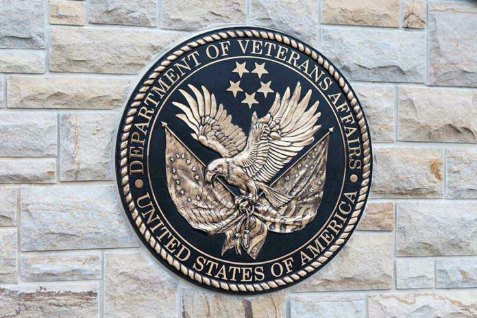 195060362 Department of Veterans Affairs seal on a stone wall.