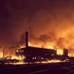 Mystery Blast Rattles Global Gas Hub A large industrial building engulfed in flames at night
