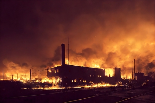 Factory,Fire.,The,Industrial,Building,Is,On,Fire.,Night,Fire A large industrial building engulfed in flames at night