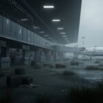 Abandoned airport terminal with scattered luggage and overgrown grass