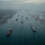 Iran Truce Claims Face Reality Check Aerial view of cargo ships navigating a shipping channel
