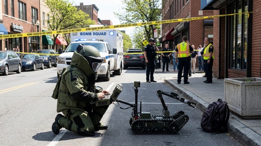 Bomb,Squad A bomb squad technician operating a robot in a street surrounded by police and emergency personnel