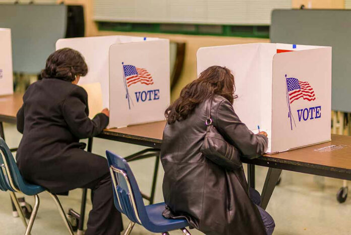 1046168689 People voting in booths at a polling station.