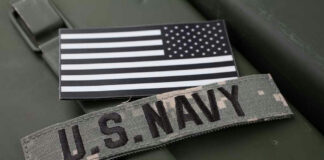 U.S. Navy patch and monochrome American flag patch.