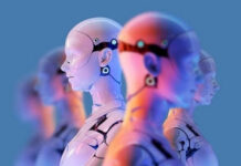 Humanoid Robots Just Cleared a Major Surgical Milestone Row of humanoid robots in profile with neon lighting against a blue background