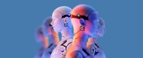 shutterstock2066326226jpg Row of humanoid robots in profile with neon lighting against a blue background