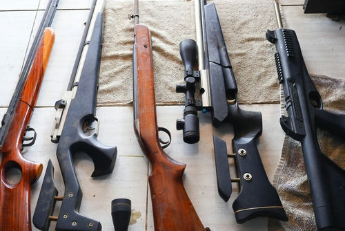 shutterstock2319989445jpg Assorted rifles and shotguns laid out on a table