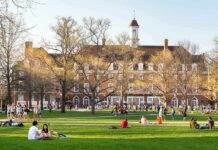 Campus Abortion Rollout Under Spotlight Students relaxing on a campus quad in front of a brick academic building