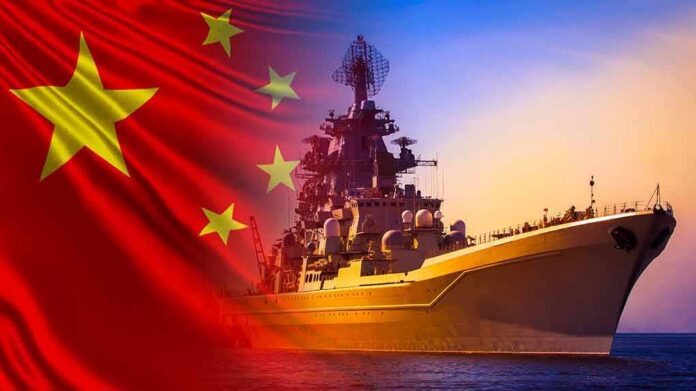 Chinese warship at sea with national flag overlay