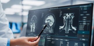 Healthcare professional analyzing MRI scans on a computer screen