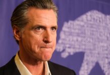 Federal Review Intensifies Pressure On Newsom A serious-looking political figure at a press event with a bear graphic in the background