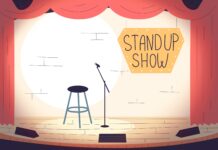 Stage for standup show with stool and microphone.