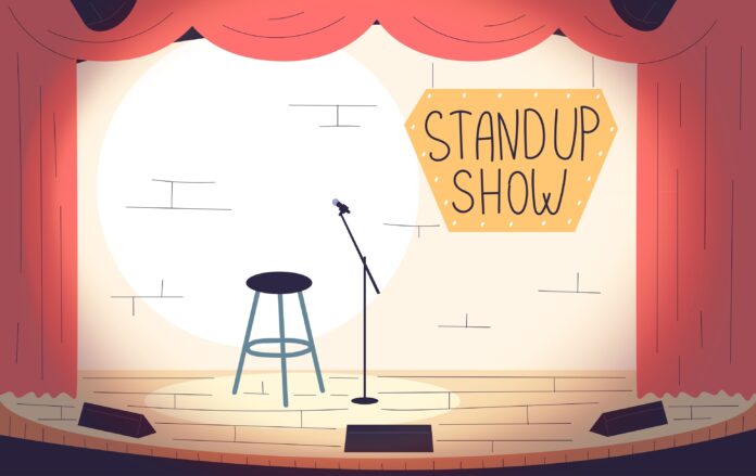 Stage for standup show with stool and microphone.