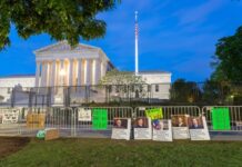 Protest signs outside the U.S. Supreme Court building.